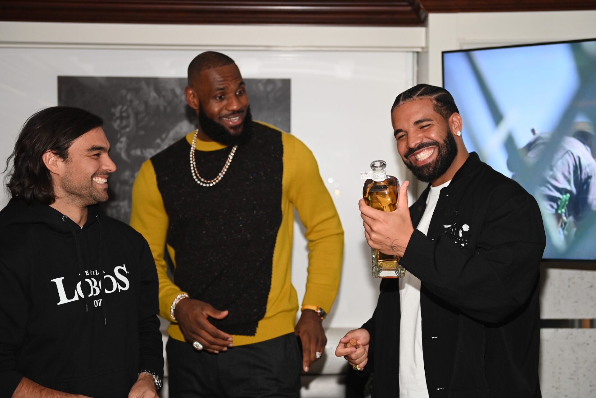 Drake Lebron James and Diego from Bacardi Diageo Lobos 1707 tequila mezcal launch at Harbour Sixty 60 steakhouse restaurant in Toronto LCBO launch party