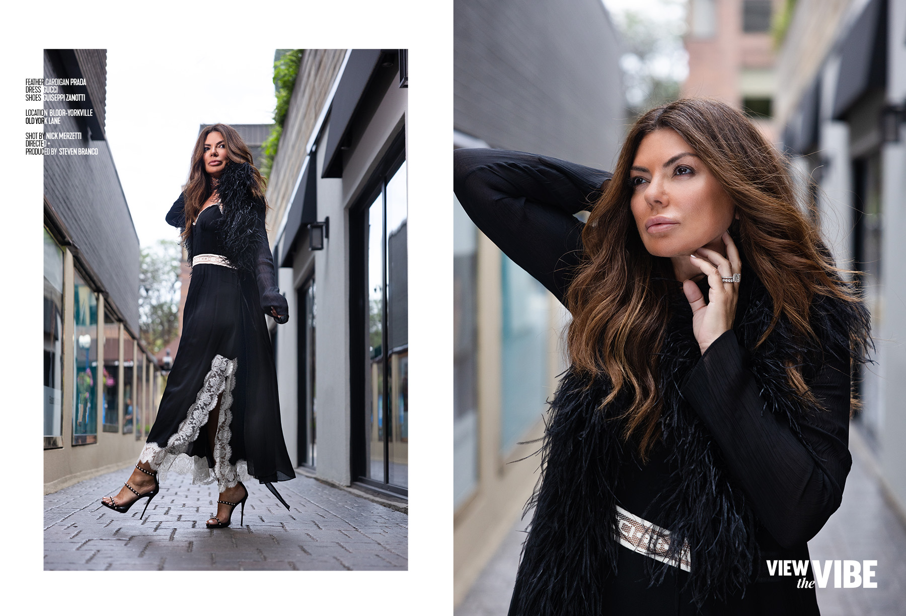 Natasha Koifman of NKPR in Gucci strolling Old York Lane in Bloor-Yorkville Toronto, shot by Nick Merzetti, produced and directed by Steven Branco, for View the VIBE / STAMINA GROUP INC.