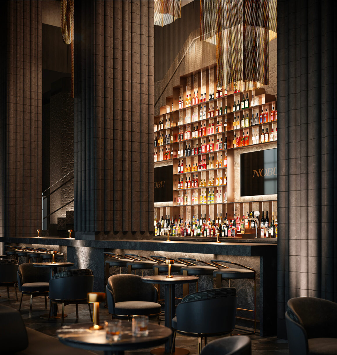 The Nobu Toronto restaurant bar area on the main floor by the entrance. Studio Munge Madison Group Nobu Hotels