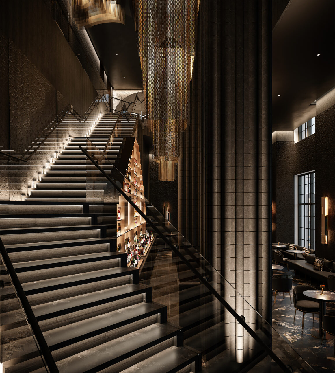 The Nobu Toronto restaurant bar area on the main floor by the entrance. Studio Munge Madison Group Nobu Hotels staircase