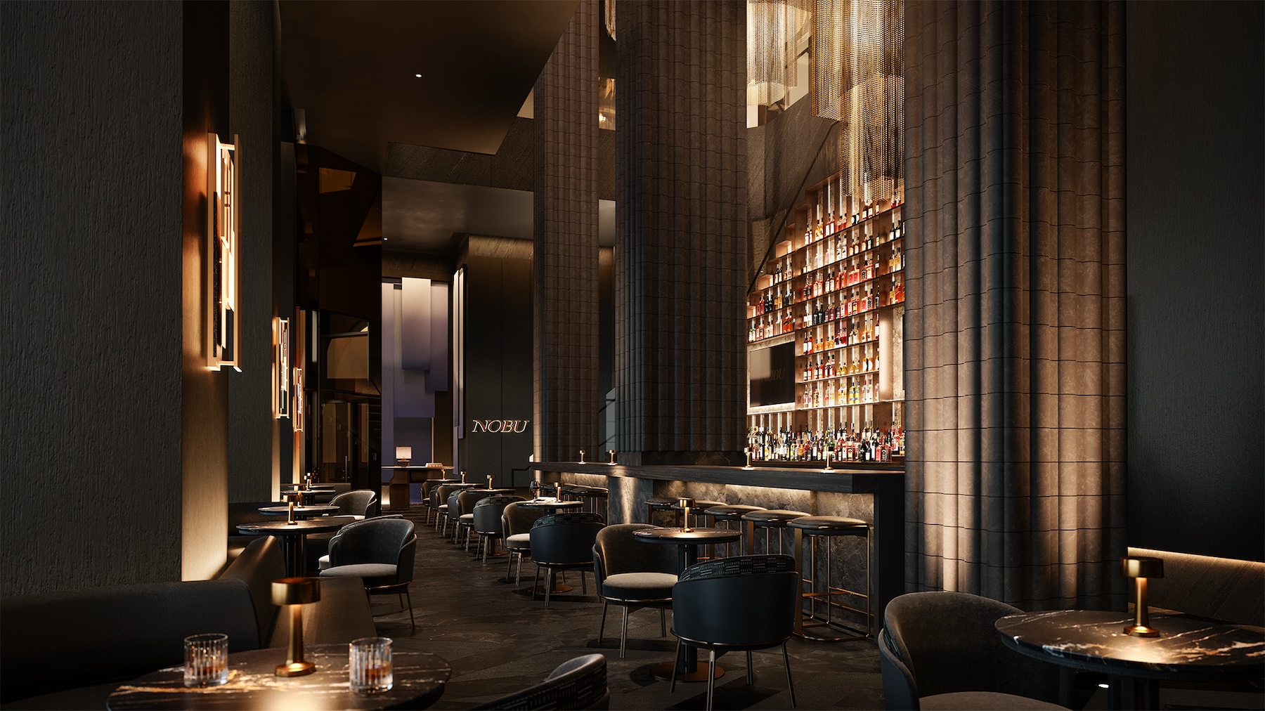 A rendering, that we can now say TRULY lives up to the expectation set. It looks exactly like it. Seen here is the 57 seat bar area right by the front entrance of the Nobu Toronto restaurant. (Photo: Courtesy)