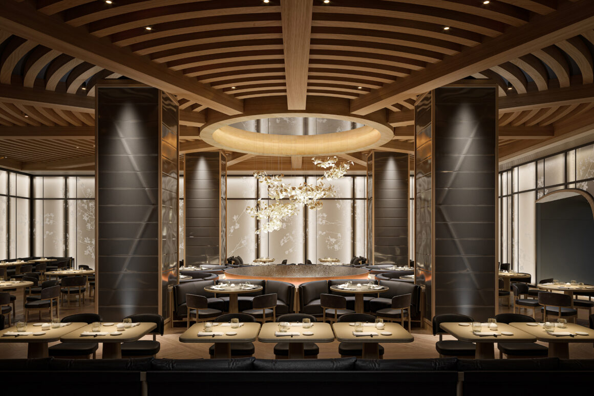 Dining room Nobu Toronto restaurant As guests proceed through the wave, they will reach the breathtaking blonde elm Japanese 140-seat courtyard dining room, including a private tasting room for 10 in a contrasting dark cherry wood. Circular timber beams featuring intricate Japanese joinery details gently ripple around a suspended light and porcelain art installation crafted by Canadian ceramic artist Andrea Braescu. Surrounded by circular banquettes connected by four striking columns around its perimeter, the exquisite art piece represents a Japanese ginkgo tree known as a "living fossil" - a symbol of peace, hope, and longevity.