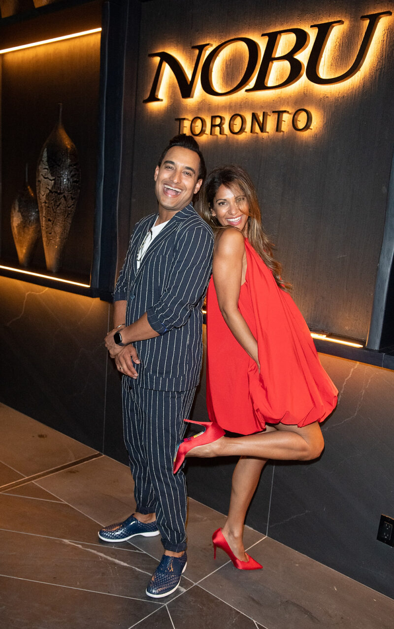 981CHFI radio show host, Gurdeep Ahluwalia (left) and TV personality, Sangita Patel (right), at the Nobu Toronto restaurant media preview. (Photo: George Pimentel Photography)