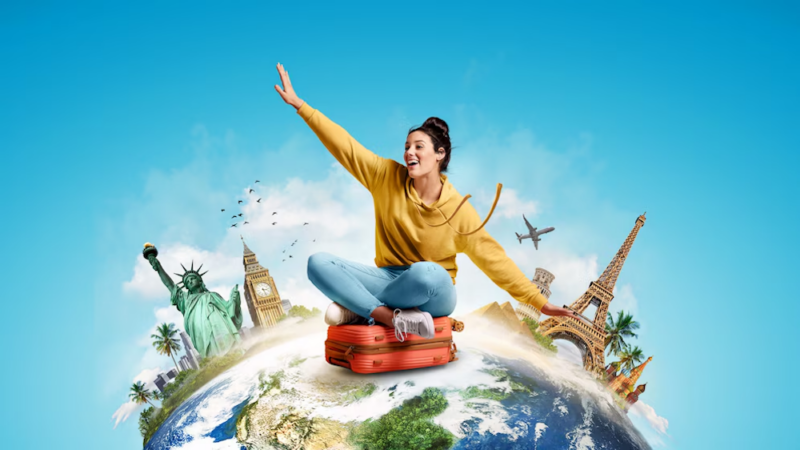 animation of a woman riding the earth with a suitcase