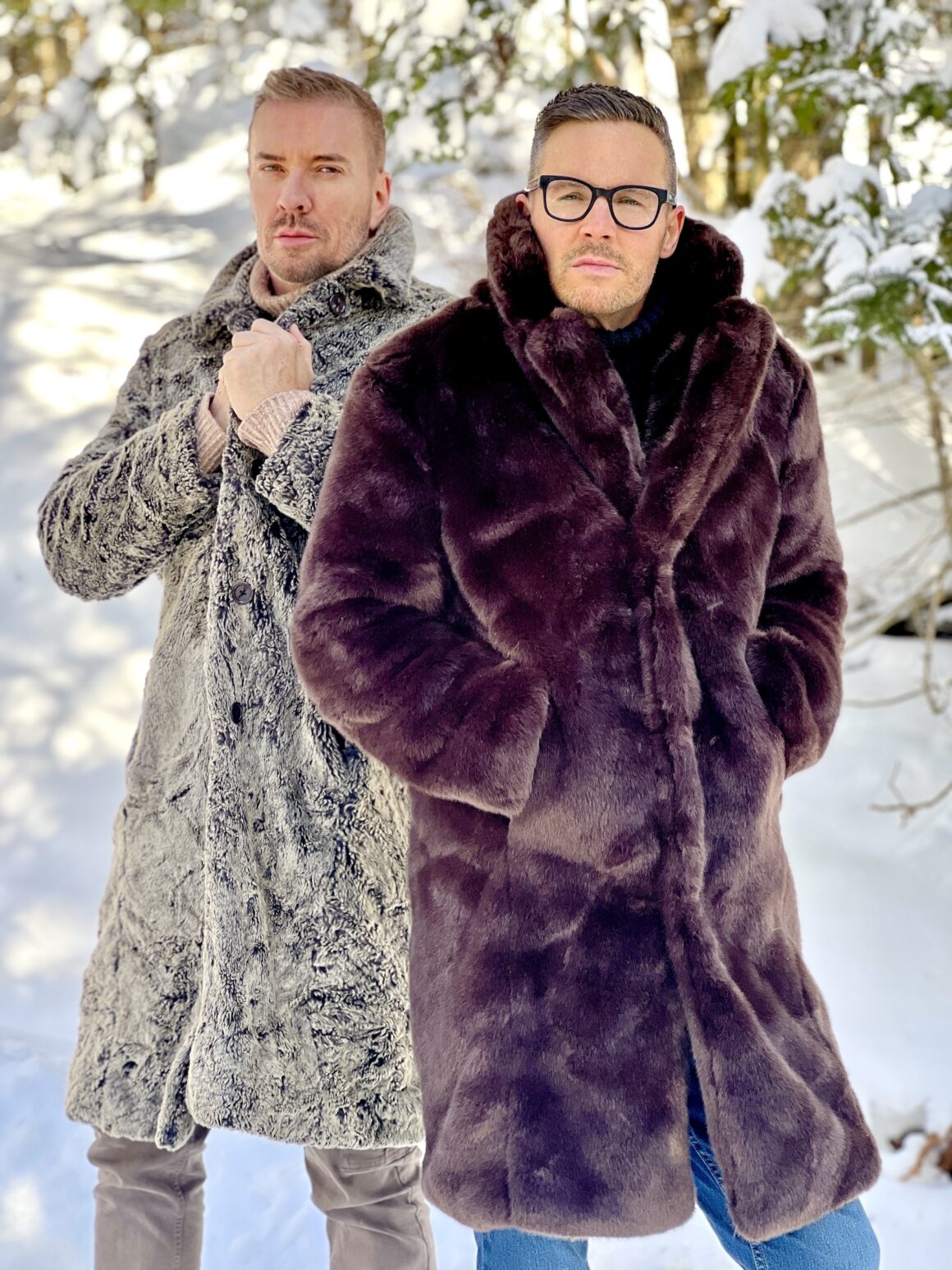Colin and Justin in fur coats in the Prarries Colin and Justin Sub-zero Reno