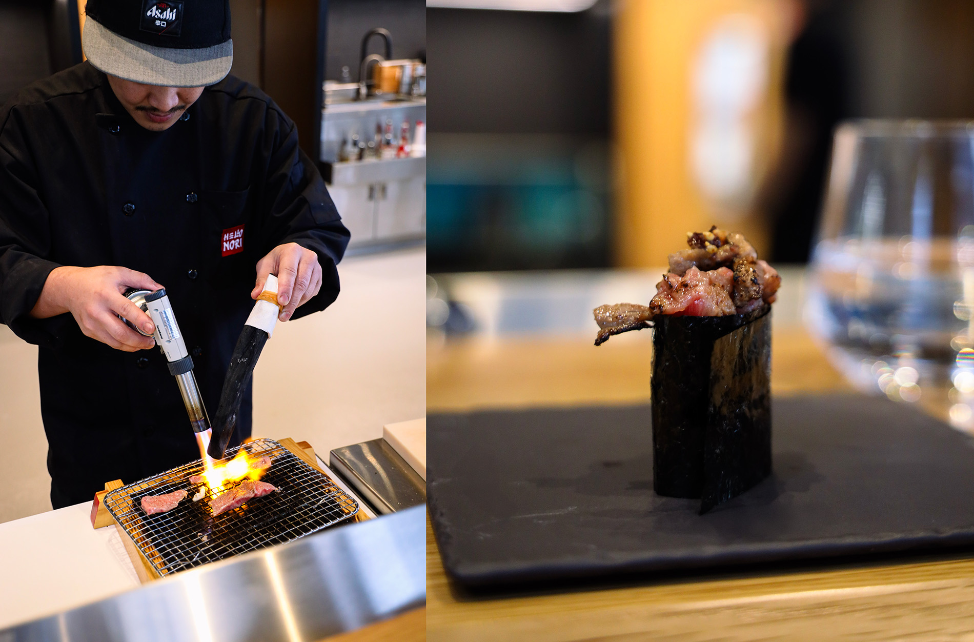 Executive chef Hello Nori Jay Pugong making some hand torched rolls for us at the counter at Financial District York St location in Toronto.