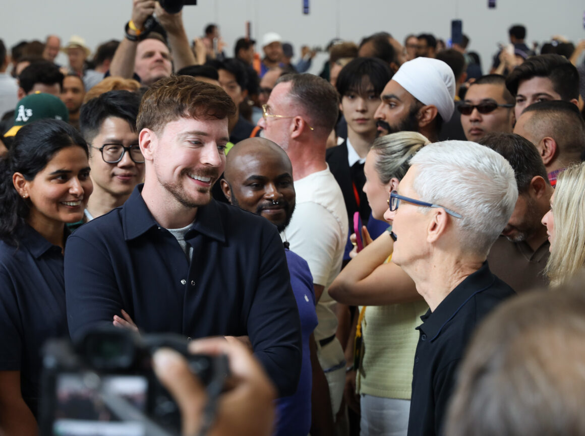 Tim Cook and MrBeast seen chatting at September release event 2025. (Photos: Steven Branco for View the VIBE / Gent's Post / Stamina Group)
