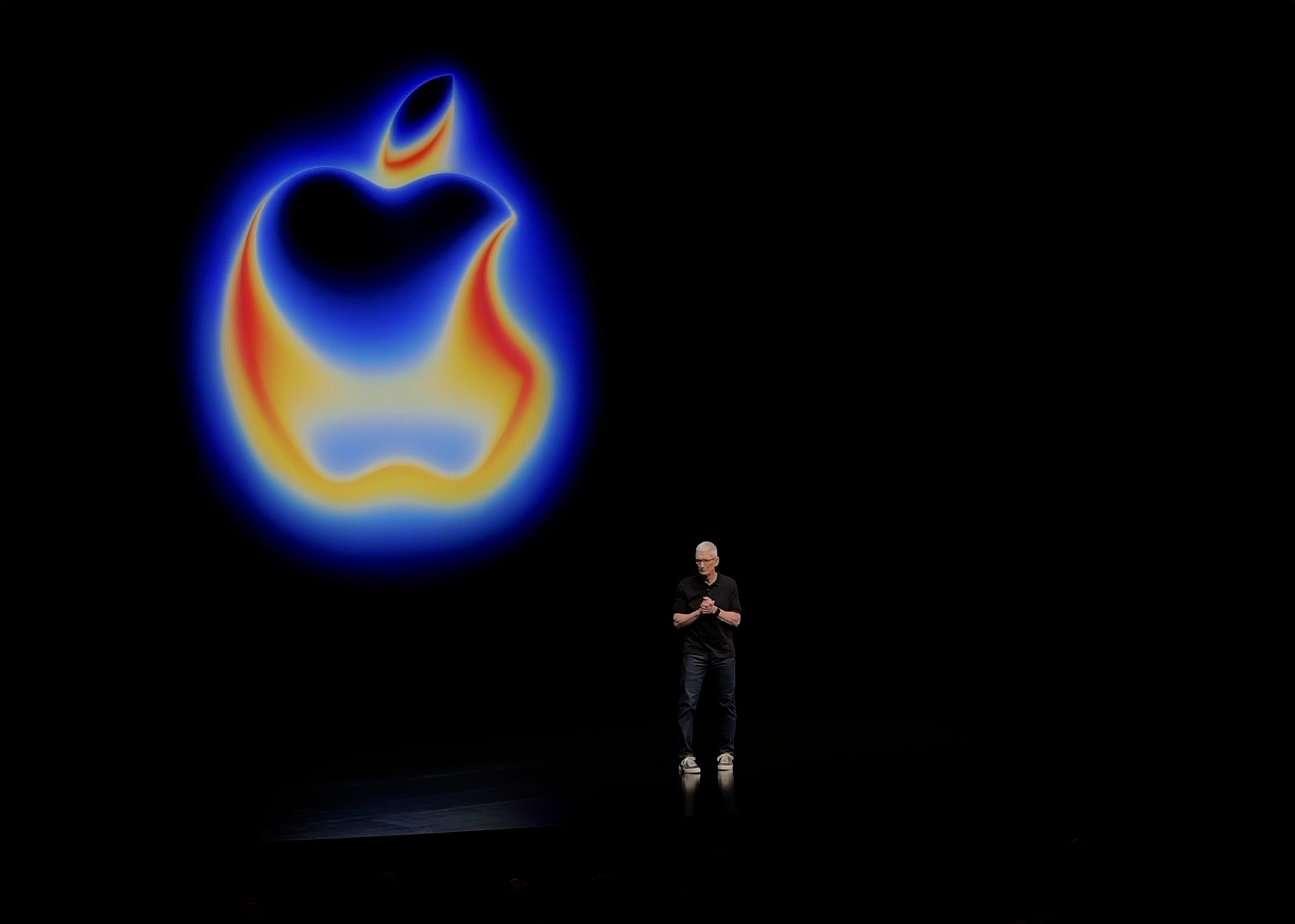 Tim Cook takes the stage at the 2025 fall Apple product release event in Cupertino, California inside Apple Park's Steve Jobs Theater. Announcing the new iPhone 17 lineup, Apple AirPods Pro 3 and the Apple Watch Ultra 3 SE 3 and Series 11 lineup. Photo by Steven Branco
