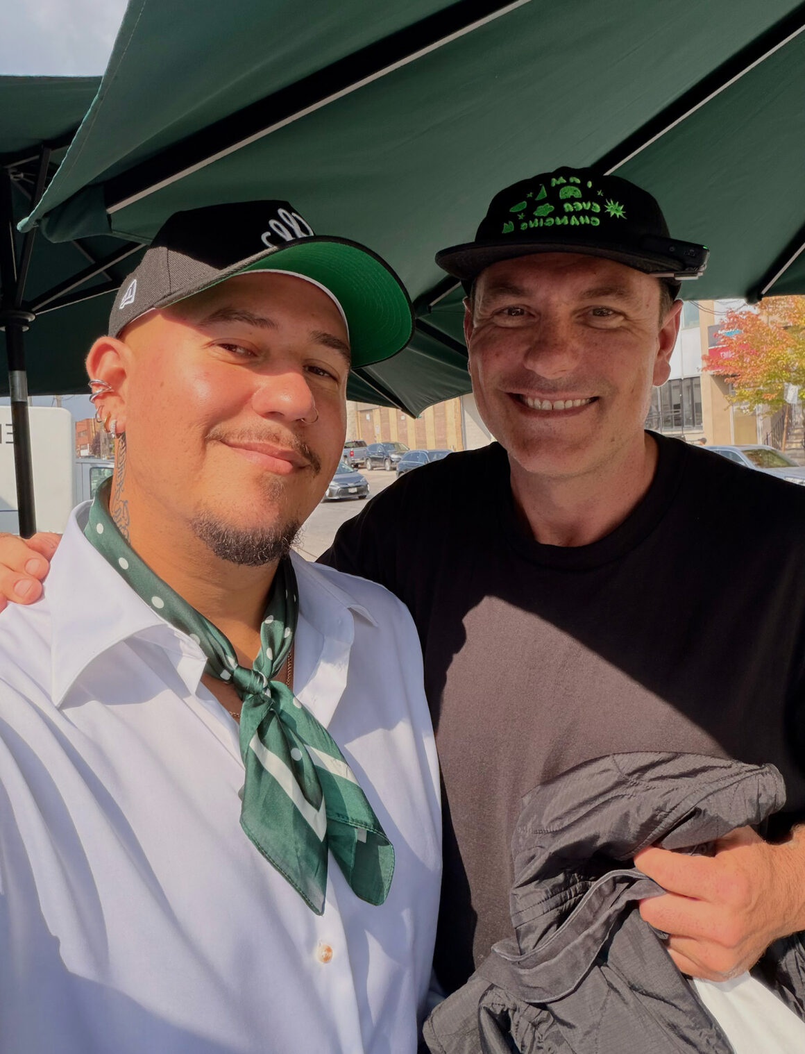 Myself (left), Steven Branco and the legendary chef Chuck Hughes, seen here on the patio at General Public uptown, in Toronto. (Photo: Steven Branco selfie camera shot with an iPhone 17 Pro Max. #ShotoniPhone)