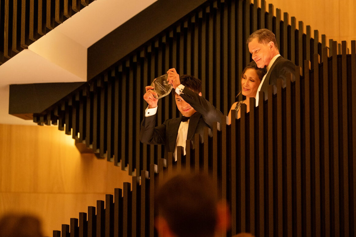 Scene where Shane Hollander receives an award, which was actually shot in what we now know as the Park Hyatt Toronto lobby restaurant, on their iconic staircase. (Photo: Courtesy of Crave / Bell Media)