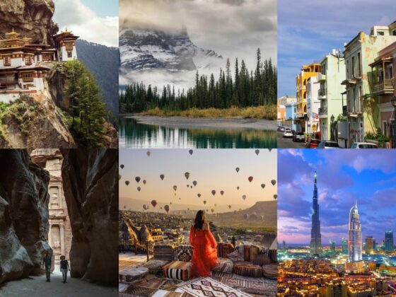Collage of global travel destinations including Japan, Dubai, Puerto Rico, Miami, and the Canadian Rockies showcasing culture, landscapes, and city life